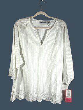 Cathy Daniels Womens 2X White V-Notch tunic Top stripe & Eyelet Hem Detail